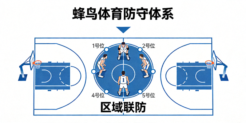 篮球区域联防阵型图，球员站位紧密，展示蜂鸟体育坚固的防守体系