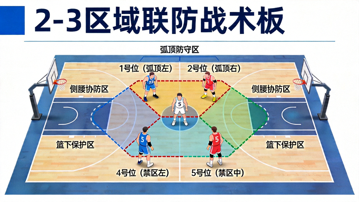 篮球场战术板示意图，清晰展示2-3区域联防的五名球员初始站位与防守覆盖区域