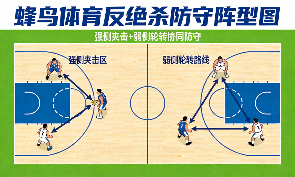蜂鸟体育反绝杀防守阵型图，展示强侧夹击与弱侧轮转路线