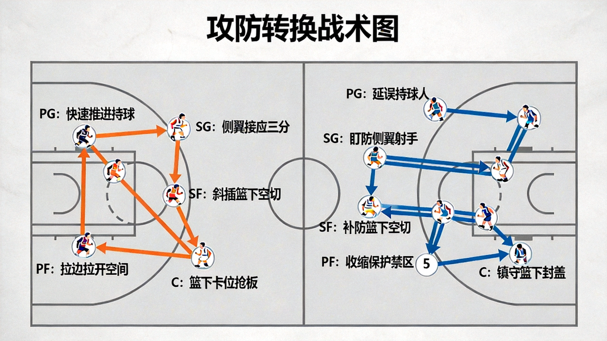 篮球战术板展示攻防转换中各球员的跑动路线与职责分工