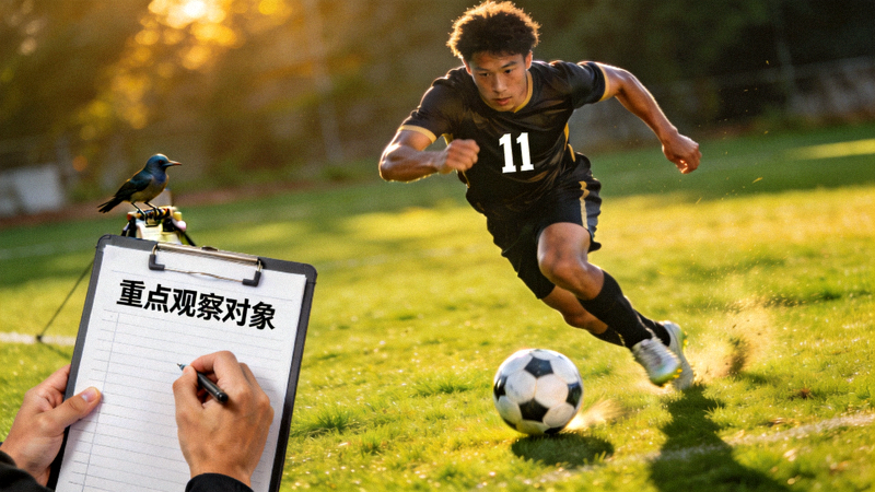 年轻足球运动员在绿茵场上带球突破，展现出色爆发力与潜力，蜂鸟体育球探重点关注对象