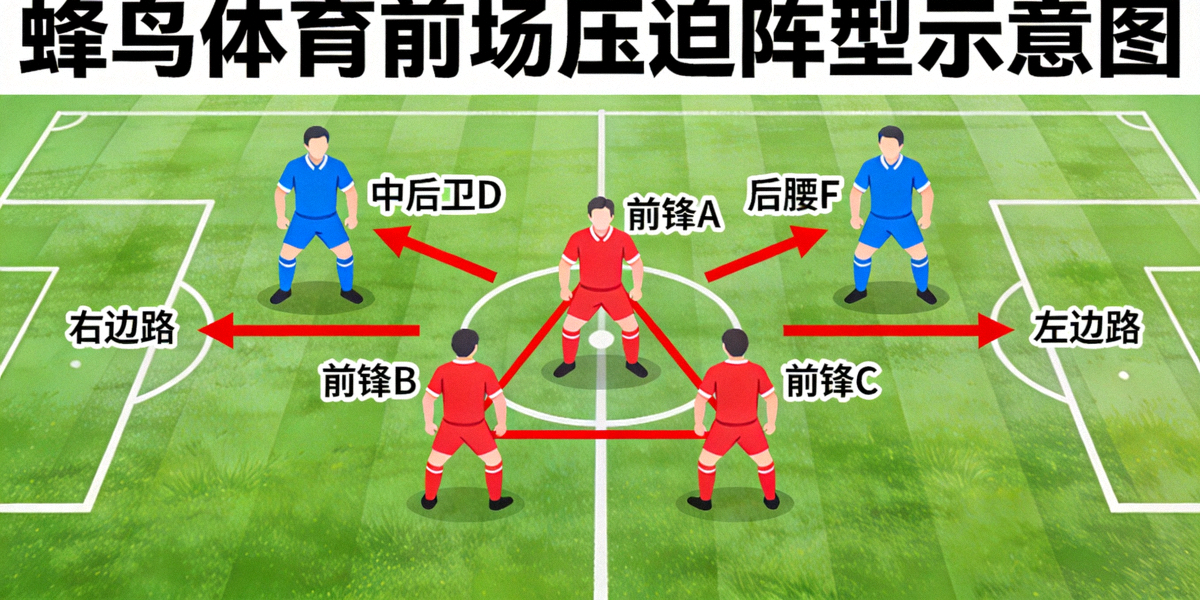 蜂鸟体育前场压迫阵型示意图，三名前锋形成三角形包围圈，切断对手中后卫向边路和后腰的传球路线