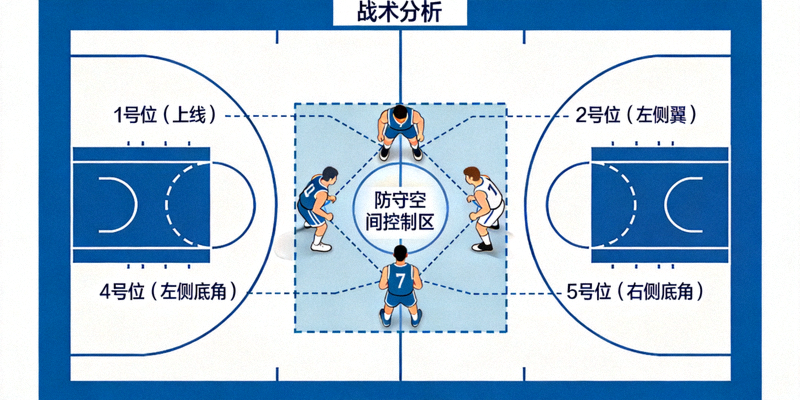 篮球区域联防阵型图，球员站位紧密，展示防守空间控制
