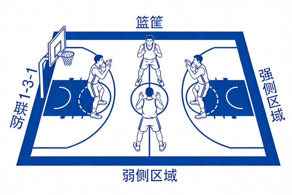 篮球区域联防阵型图，球员站位紧密，准备协防
