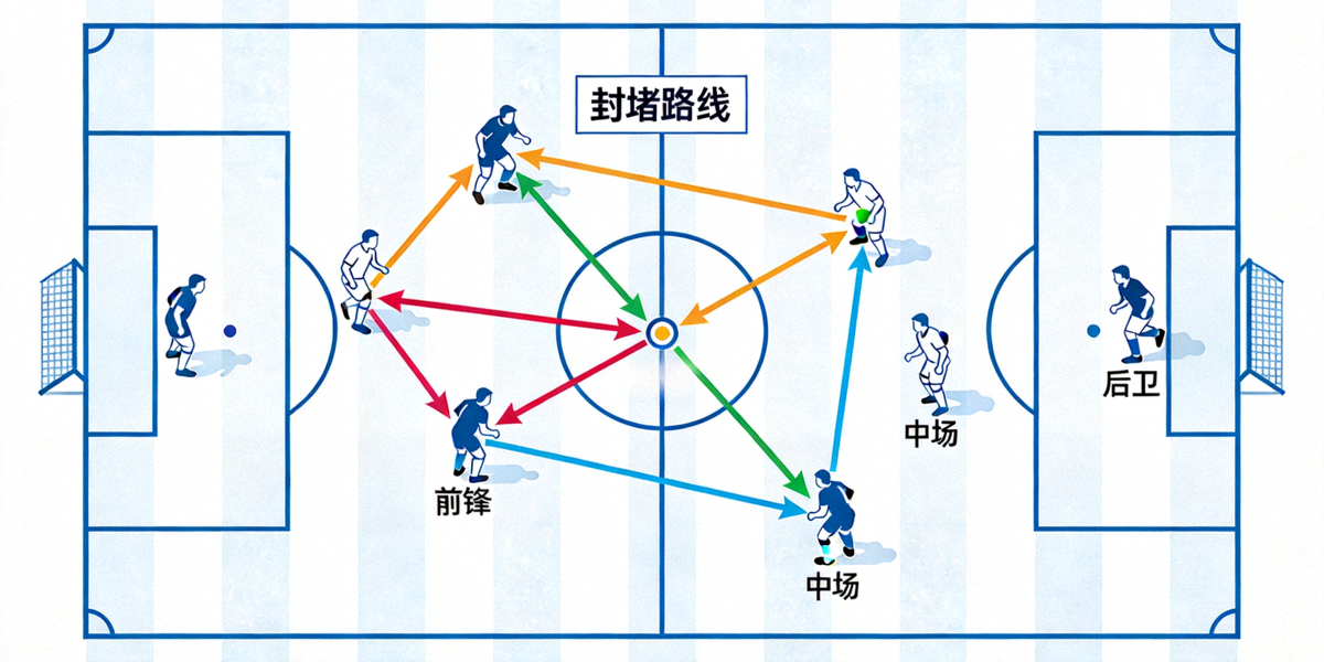 足球场上球员进行高位逼抢的战术示意图，多名球员在对方半场形成压迫网络，封堵传球路线