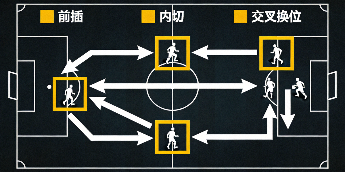 战术板示意图，用箭头和线条展示防守反击中球员的无球跑动路线，包括前插、内切和交叉换位，重点标注了空间区域